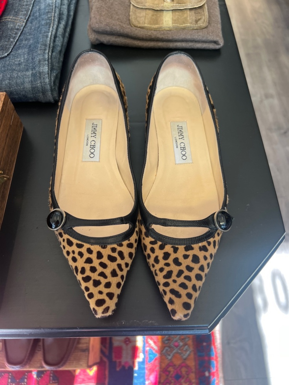 Jimmy Choo Leopard-Print Pointed Mary Jane Flats in Tan and Black